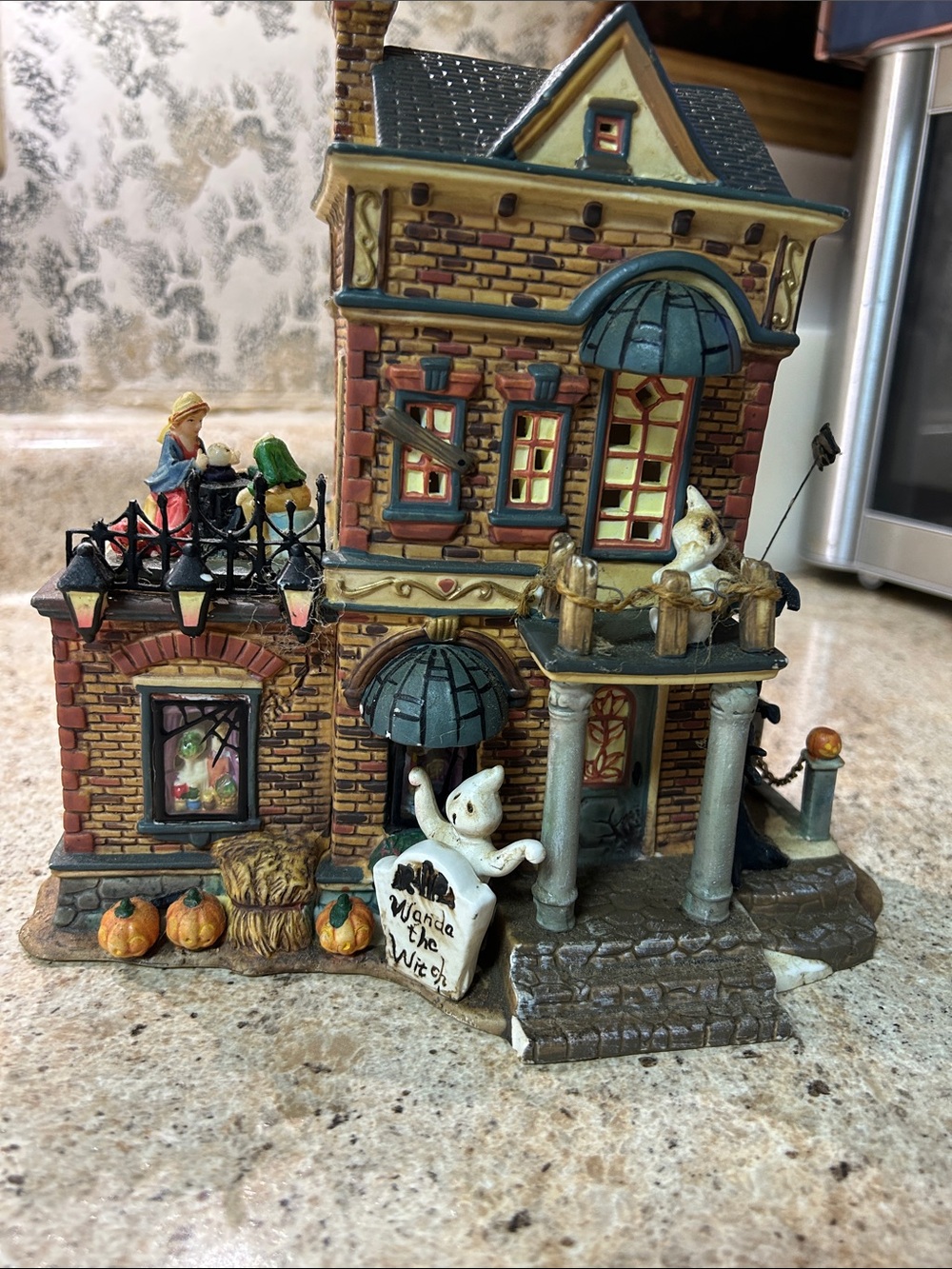 Hand-Painted Halloween Ceramic House Decoration in Brown and Black